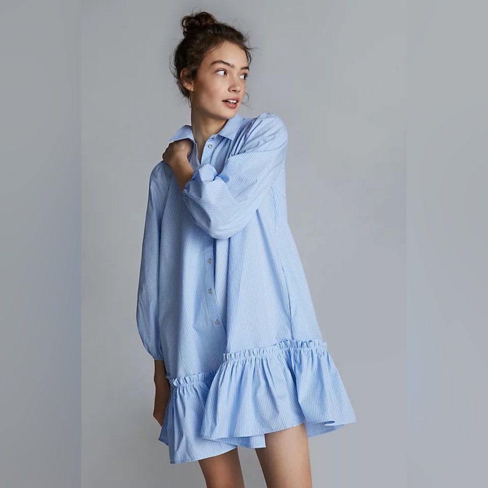 Anthropologie Light Blue Striped Long-Sleeve Ruffle Hem Dress